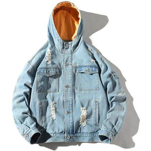 5XL Japanse Streetwea Mannen Hooded Jas Retro Denim Jas Mannen Gewassen Verontruste Losse Hip Hop Jeans Jas Vrouwen