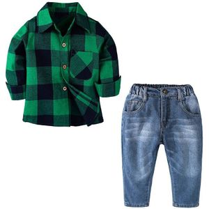 2 Stuk/Lente Peuter Boutique Outfits Baby Jongens Kleding Mode Plaid Lange Mouw T-shirt + Jeans Kinderkleding Sets BC1125-1