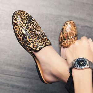 Luipaard Print Muilezels Schoenen Mannen Lederen Slippers Zomer Schoenen Man Footwear Plus Size 38-46