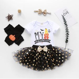 4 Stuks Set Halloween Baby Meisjes Kostuum Leuke Print Korte Mouw Romper + Tule Tutu Rok + Been Warmer Sequin hoofdband Outfits Set