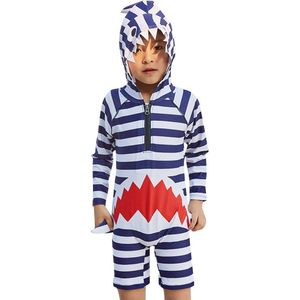 Kinderen Badmode Sport Baby Boy Lange Mouw Cartoon Shark Streep Hooded Baden Zwembad Beachwear Bikini Badpak Badpak T9 #
