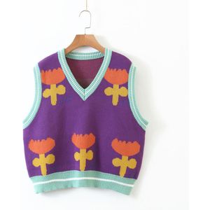 Vrouwen Gebreide Vest Met Bloemenprint Mouwloze Leuke Zoete Gebreide Top