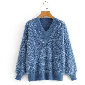 Tangada Vrouwen Blue Oversized Kwastje Gebreide Trui V-hals Lange Mouwen Vrouwelijke Truien Chic Tops 3A378