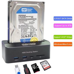 Externe 2.5 "/3.5" Usb 3.0 5Gbps Sata Docking Station Hdd Ssd Doos Met 2 X Usb 3.0 Hub Tf/Sd-kaartlezer Ondersteuning Uasp