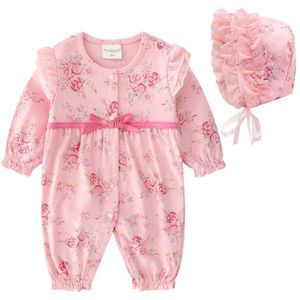 Bloemen Lint Pasgeboren Baby Meisje Kleding Ruches Lange Mouwen Prinses Jumpsuit Lente Baby Meisjes Bodysuit + Hoeden