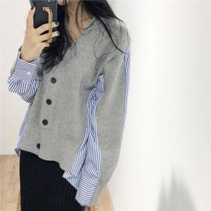 Herfst Winter Trui Patchwork Blouse Vrouwen Breien Vest Button V-hals Casual Womens Onregelmatigheid Shirt Katoen Tops T08702L