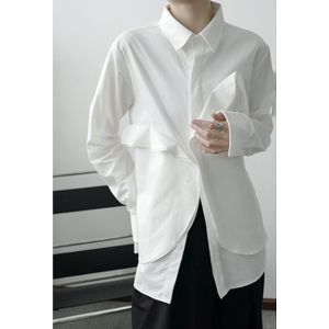 Ewq/Mannen Dragen Minimalistische Stijl Asymmetrische Wit Shirt Ins Koreaanse Losse Mannelijke Lange Mouwen Ruches Tops 9Y3203