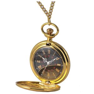 8823 Glad En Helder Mode Retro Twee Geconfronteerd Zakhorloge Volledige Gold Zwarte Wijzerplaat Zakhorloge Met Ketting Quartz zakhorloge