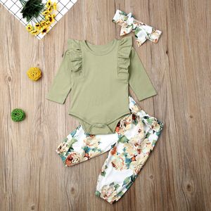 Pudcoco Pasgeboren Baby Meisje Kleding Effen Kleur Ruche Lange Mouw Romper Tops Bloemenprint Lange Broek Hoofdband 3Pcs Outfits set