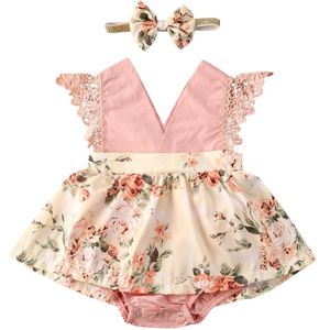 Pasgeboren Prinses Kleding Baby Meisjes Romper Bloemen Kant V Hals Mouwloze Roze Jumpsuits Hoofdband Outfits Baby Zomer Kleding