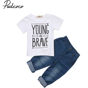 Gloednieuwe Pasgeboren Peuter Infant Kid Baby Boy Kleding Korte Mouwen T-shirts Tee Tops Denim Broek 2 Stuks outfit Casual Sets