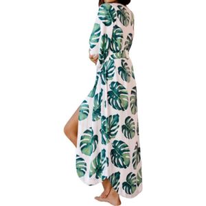 Vrouwen Badpak Cover Up Groene Tropische Bladeren Open Voorzijde Kimono Vest Belted Onregelmatige Gebogen Zoom Strand Badjas