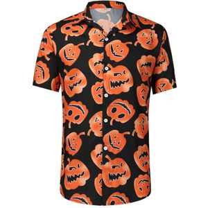 Halloween Mannen Pompoen Print Korte Mouwen Turn-Down Kraag Shirts Tops Camisas Masculina Losse Hawaiian Henley Shirt F1