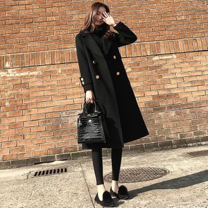 Vrouwen Winter Koreaanse Stijl Zwarte Lange Wollen Blend Trenchcoat Dames Mode Windjack Kleding 2XL