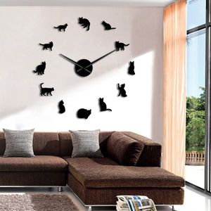 Frameloze Katten Silhouette Wall Art Klok Horloge Kittens 3D Diy Wandklok Speelse Kat Vorm Grote Naalden Meisje Kamer Kit decoratie