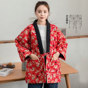 Japanse Stijl Vrouwen Print Kimono Jas Winter Dikke Katoen Gewatteerde Jas Vintage Dames Warm Houden Kimono Tops Losse Overjas