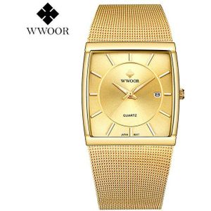 Wwoor Luxe Goud Ultra Dunne Quartz Horloges Voor Mannen Mode Vierkante Heren Horloge Stalen Mesh Band Waterdicht Datum Pols horloge