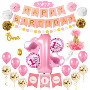 30pcs Babe Girls First Birthday Party Decorations Set Banner Tissue Paper Pom-poms Foil Balloon Birth Day Hat For Baby Shower