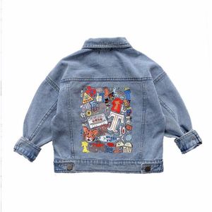 2022 Baby Meisjes Blauw Tooling Denim Jas Voor Kinderen Herfst Kleding Lente Jongens Cartoon Print Coat Uitloper