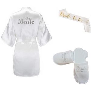 3pc set van glitter zilveren bruid robe satijn korte gewaad vrouwen slippers bridal sash peignoir wedding Party kimono gewaden