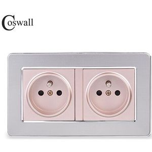 Coswall 16A Dubbele Franse Standaard Stopcontact Luxe Stopcontact Rvs Geborsteld Zilver Panel Ac 110 ~ 250V