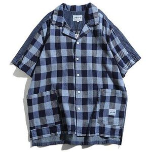 Mannen Plaid Splice Denim Toevallige Korte Mouwen Man Japan Stijl Streetwear Vintage Mode Losse Hip Hop Shirts