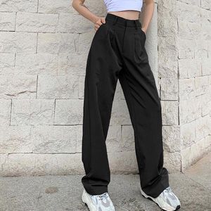 Heyoungirl Casual Straight Pak Broek Vrouwen Mode High Street Lange Broek Dames Solid Donkergrijs Broek Capri Pocket Koreaanse