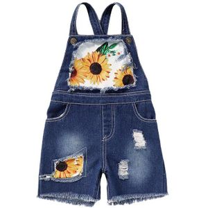 Stijlvolle Meisjes Casual Broek Jarretel, Vierkante Kraag Mouwloze Zonnebloem Denim Doek Overalls, 2-7Years