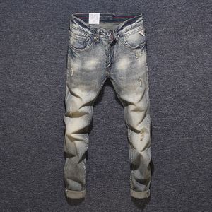 Streetwear Mannen Jeans Retro Geel Gewassen Slim Fit Ripped Jeans Mannen Denim Hip Hop Broek Vintage Jeans Homme