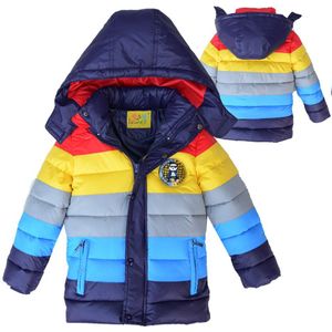 Kinderen Winter Warm Donsjack Jongens Streep Winter Down Jas Dikke Mode Patchwork Kleur Bovenkleding Capuchon Gewatteerde Jas