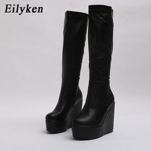 Eilyken Lente Herfst Wedge Hakken Knie Hoge Laarzen Mode Pu Leer Ronde Neus Zip Vrouwen Zwarte Platform Schoenen Maat 40