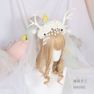 Prachtige Bruiloft Lolita Gewei Kc Haar Hoepel Mori Stijl Fairy Wind Christmas Party Cosplay Rose Bloem Gewei Hoofddeksels Props