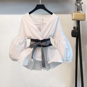 Lantaarn Mouw Blouse Shirt Vrouwen Koreaanse Lente Boog V-hals Gestreepte Top Elegante Dames Tops Vrouwelijke Kleding Vestidos