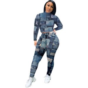 Vrouwen Dragen Persoonlijkheid Denim Print Tweedelige Outfits Coltrui Pols Mouwen Bandage Crop Tops Pockets Button Bodycon Broek