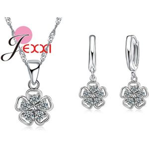 Mooie Bloem Hanger Vrouwen/Meisjes 925 Sterling Zilveren Sieraden Set Ketting & Oorbellen Shiny Zirconia