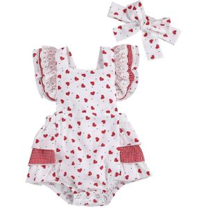 Valentijnsdag Baby Baby Meisjes Bodysuits + Hoofdband 2 Stuks Hart Print Ruches Korte Mouw Backless Jumpsuits 0-18Months