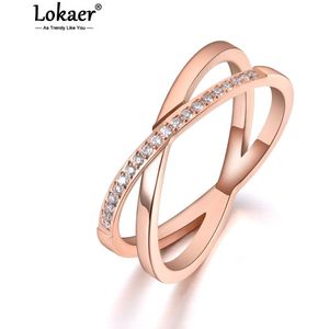 Lokaer Trendy Roestvrij Staal X Cross Vorm Anniversary Ring Rose Goud Mozaïek Cz Crystal Trouwringen Sieraden Voor Vrouwen R19079