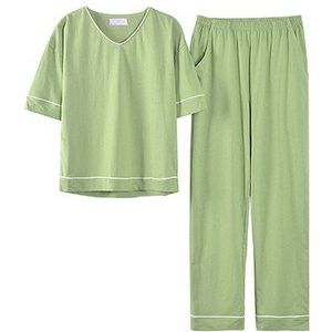 Bzel Groen V-hals Nachtkleding Solid Pyjama Voor Vrouwen Katoen Homewear Mode Loungewear Korte Mouw Lange Broek 2pc