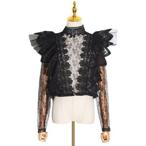 Vgh Perspectief Patchwork Lace Shirt Voor Vrouwen Stand Kraag Ruche Mouw Hollow Out Casual Blouse Vrouwelijke Mode Kleding