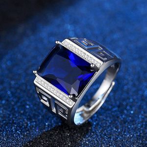 Huisept Retro Mannen Ring 925 Zilveren Sieraden Geometrische Vorm Sapphire Zirkoon Edelsteen Accessoires Ringen Voor Wedding Engagement