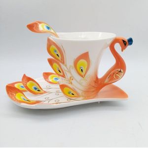Pauw Kop Keramische Creatieve Cup Bone China 3D Kleur Emaille Porselein Schotel Lepel Koffie Thee Sets Keramische Cup Koffie Cup