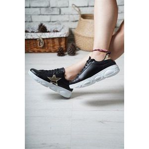 Gouden Ster Gedetailleerde Black Lace-Up Sneakers Comfortabele Handige Stijlvolle Platte Dikke Zolen Pols Alri Mode