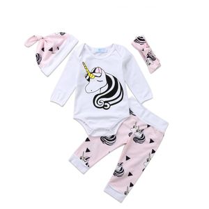 4 Stuks Baby Baby Meisjes Eenhoorn Katoenen Romper Tops Jumpsuit Broek Outfits Set