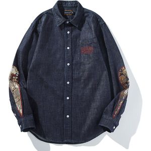 Aolamegs Mannen Denim Shirts Japanse Borduren Kleding Herfst Mode High Street Casual Eenvoudige Jas Retro Oversize Streetwear