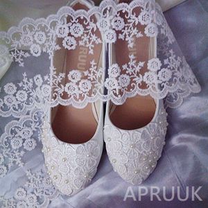 Flats Lace Schoenen Voor Vrouw White Lace Bridal Bruid Bruiloft Schoenen Kleine Grote Maat 34-42 Dames Party Ceremony flats Parels Schoenen