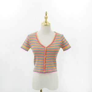 Jinkaiya Guan Xiaotong Dezelfde Kleur Streep Vest V-hals Zomer Retro Regenboog Korte Mouwen Open Navel Top Zomer