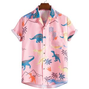 Hawaiian Shirt Mens Grappige Stijl Dinosaurus Cartoon Gedrukt Korte Mouwen Roze Shirts Mannen Koreaanse Kleding