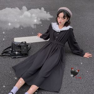Japanse Harajuku Dark Gothic Lolita Jurk Vrouwen Vintage Preppy Stijl Zoete Kant Turn Down Kraag Losse Lange Mouw Fee Jurk