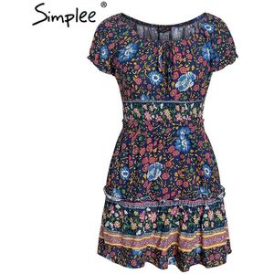 Simplee bloemenprint 2 stuks vrouwen zomer jurk Elegante ruches off shoulder korte jurken Vintage lace up beach mini zonnejurk