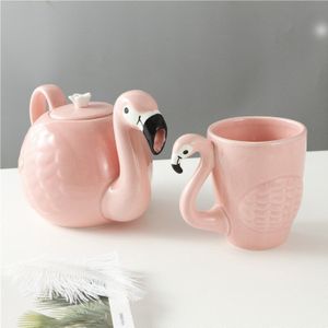 Prachtige 3D Flamingo Coffeware Sets, Super Schoonheid Koffie Mok Cup Theepot Meisje, koffie pot thee set Kerstcadeau